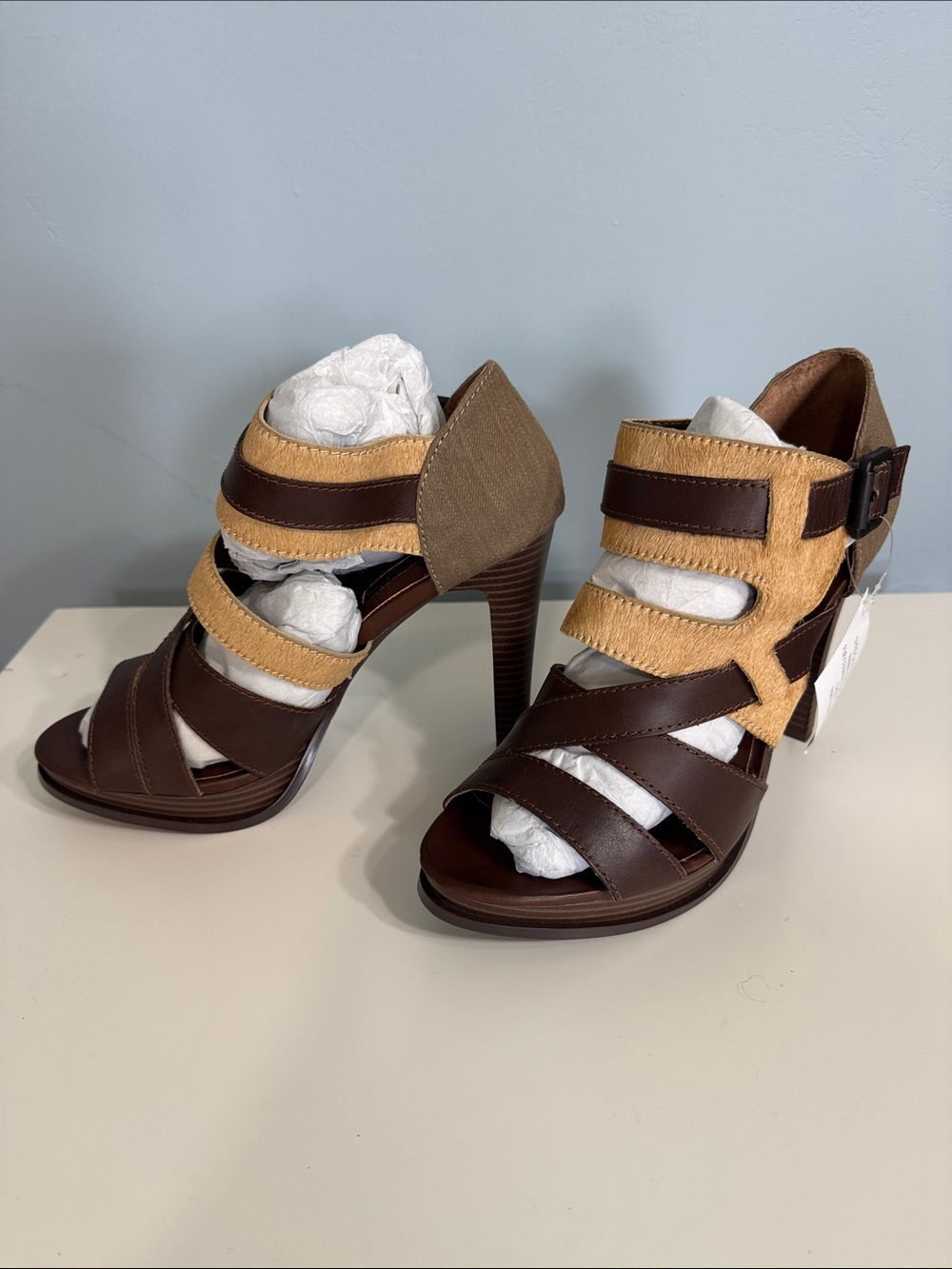 Calvin Klein Jeans Two-Tone Brown and Tan Strappy High Heel Sandals